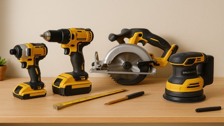 Selection of essential power tools laid out on a workbench