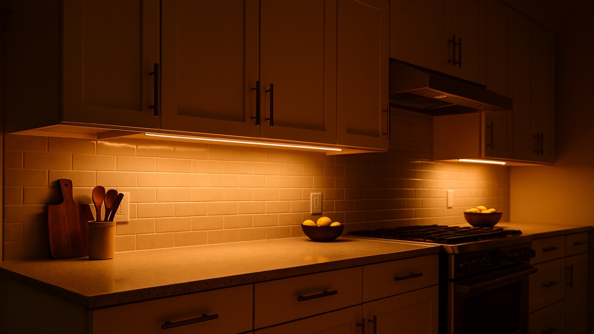 Home cook working at a well-lit countertop at night, under-cabinet lights dimmed warmly for a calm atmosphere