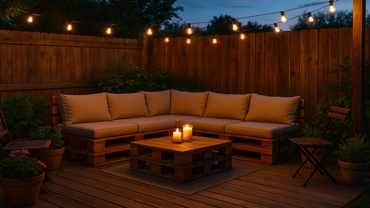 Cozy evening scene with pallet seating, string lights, and potted greenery in a small backyard