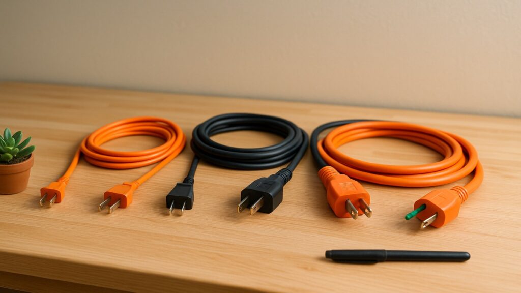 Extension cords coiled on a workshop bench