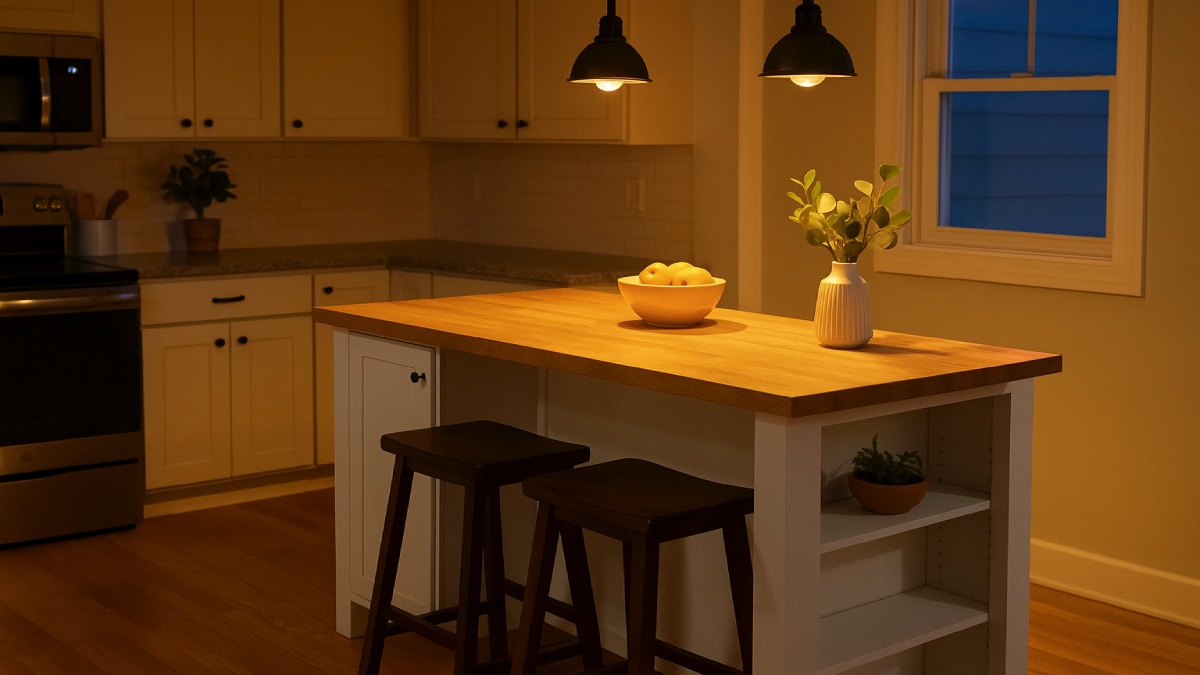 Homeowner assembling kitchen island cabinets and securing countertop in bright daylight