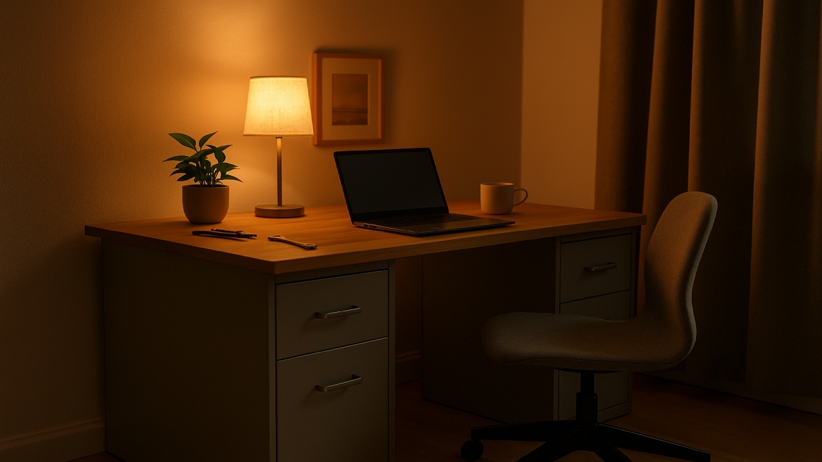 Underside of a desk showing cable tray, surge protector, and tidy wire routing behind a monitor arm