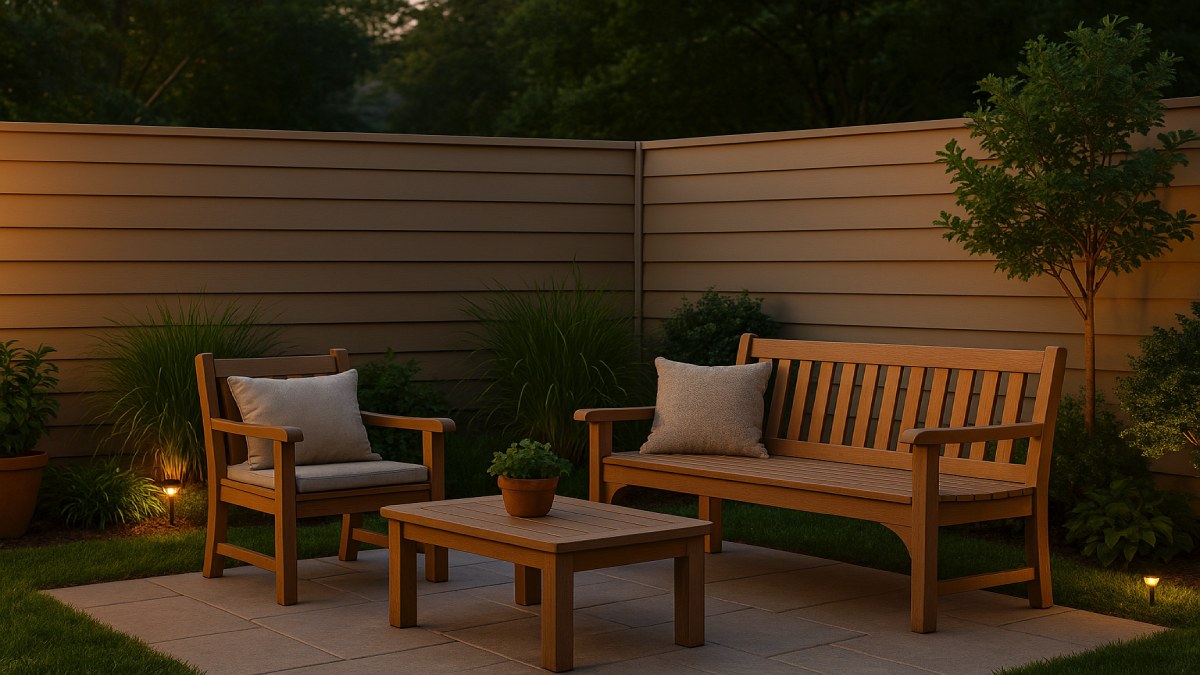 Freshly painted outdoor bench and matching wood fence in cohesive color scheme