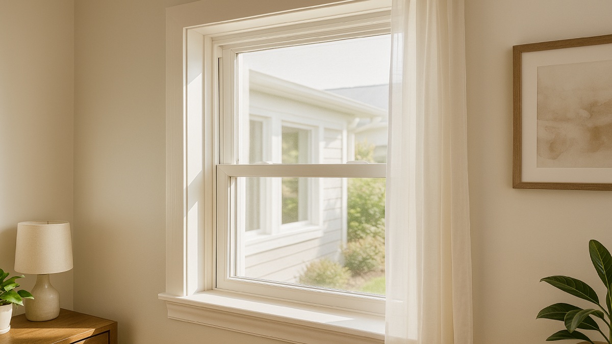 Finished window after storm repair with smooth reveals, fresh sealant, and even daylight along the frame.