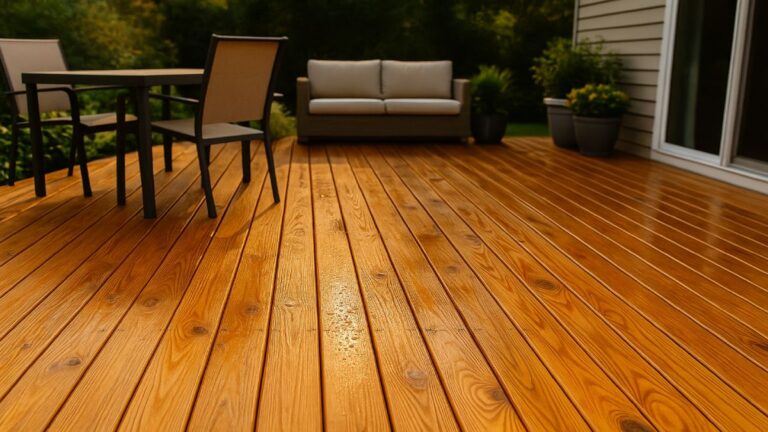 Freshly cleaned wooden deck with even color and tidy furniture after sealing