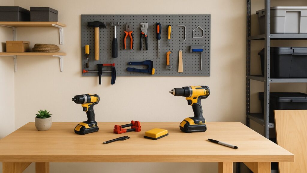 Wide shot of a small garage workshop with workbench and tools