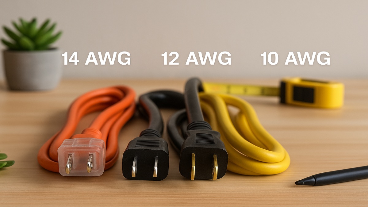 Close-up of extension cords comparing 14, 12, and 10 AWG thickness.