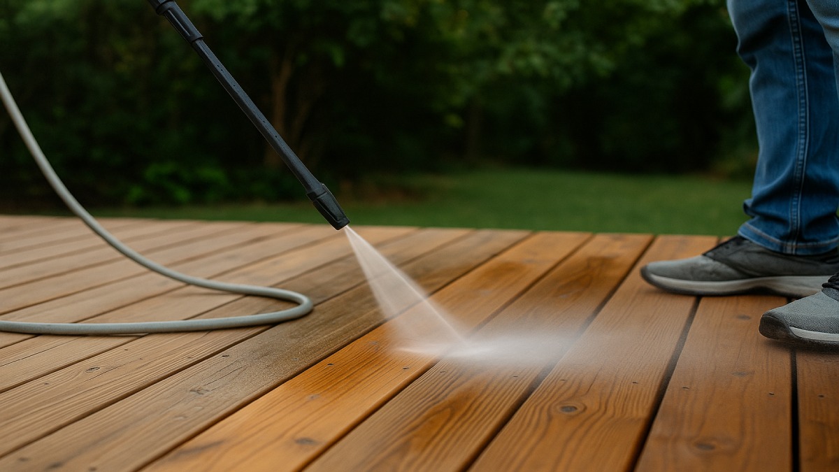 Homeowner pressure washing a wooden deck at low PSI with a wide fan nozzle