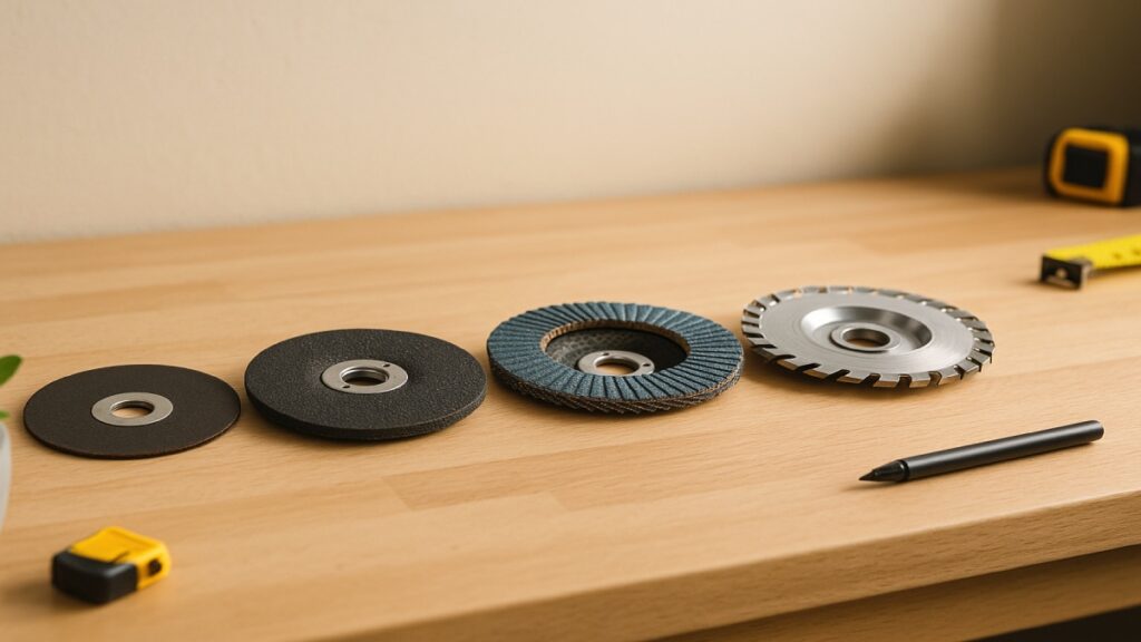 Different angle grinder discs arranged neatly on a light oak workbench.