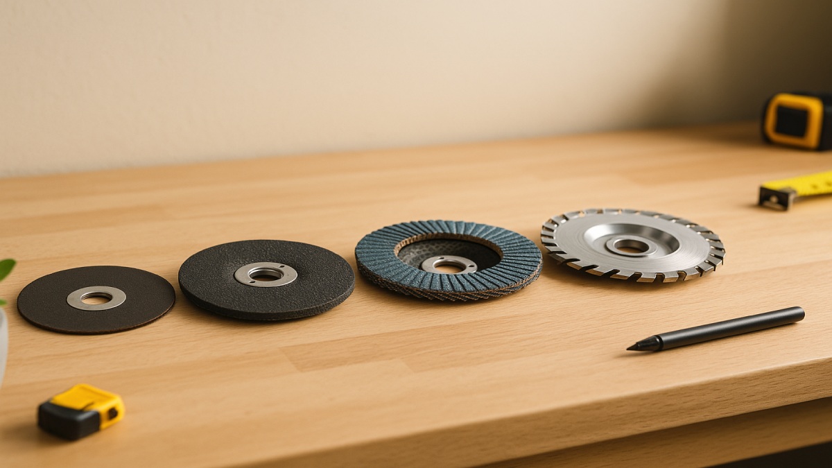 Different angle grinder discs arranged neatly on a light oak workbench.
