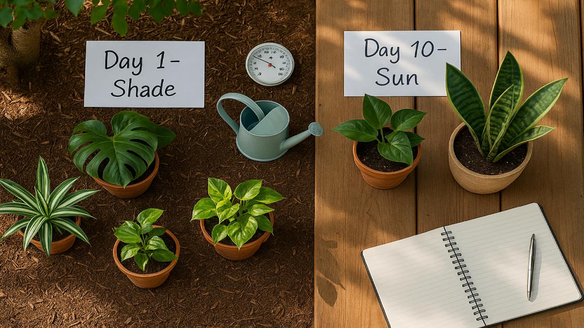 Step-by-step hardening off schedule with plants moving from full shade to dappled light outdoors