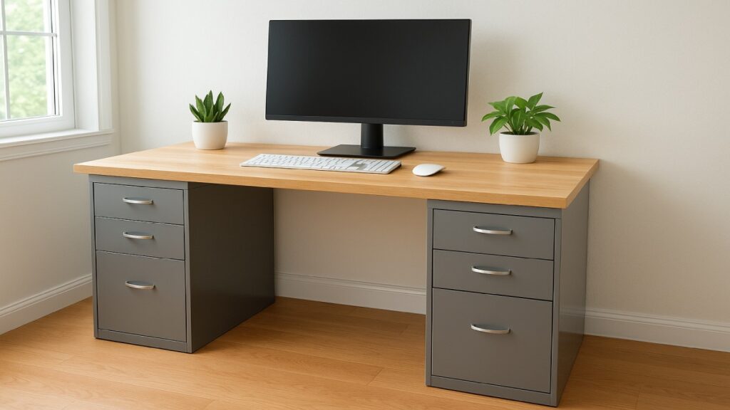 Home office desk built on two file cabinets with wooden desktop, monitor, keyboard, and tidy cable management