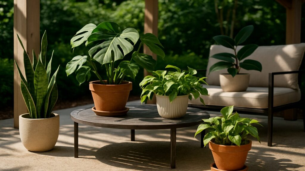 A group of potted houseplants enjoying dappled shade on a patio table during summer