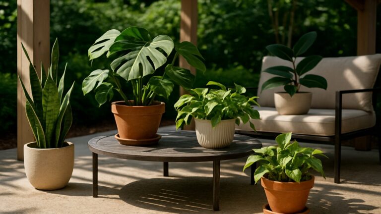 A group of potted houseplants enjoying dappled shade on a patio table during summer