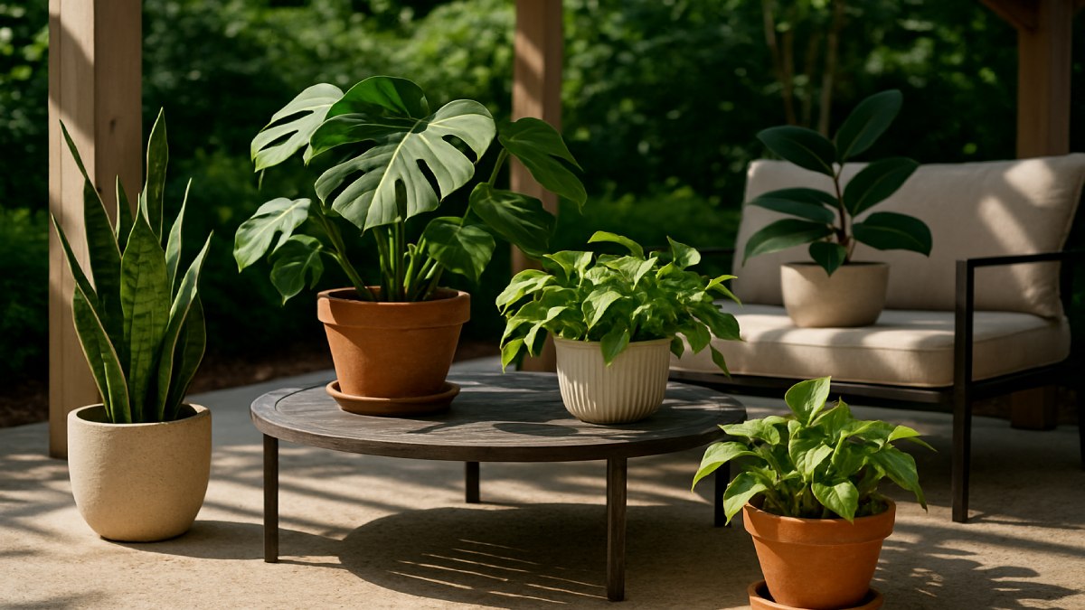 A group of potted houseplants enjoying dappled shade on a patio table during summer
