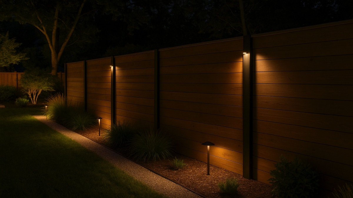 Wood privacy fence illuminated by warm LED path and post lighting at night.