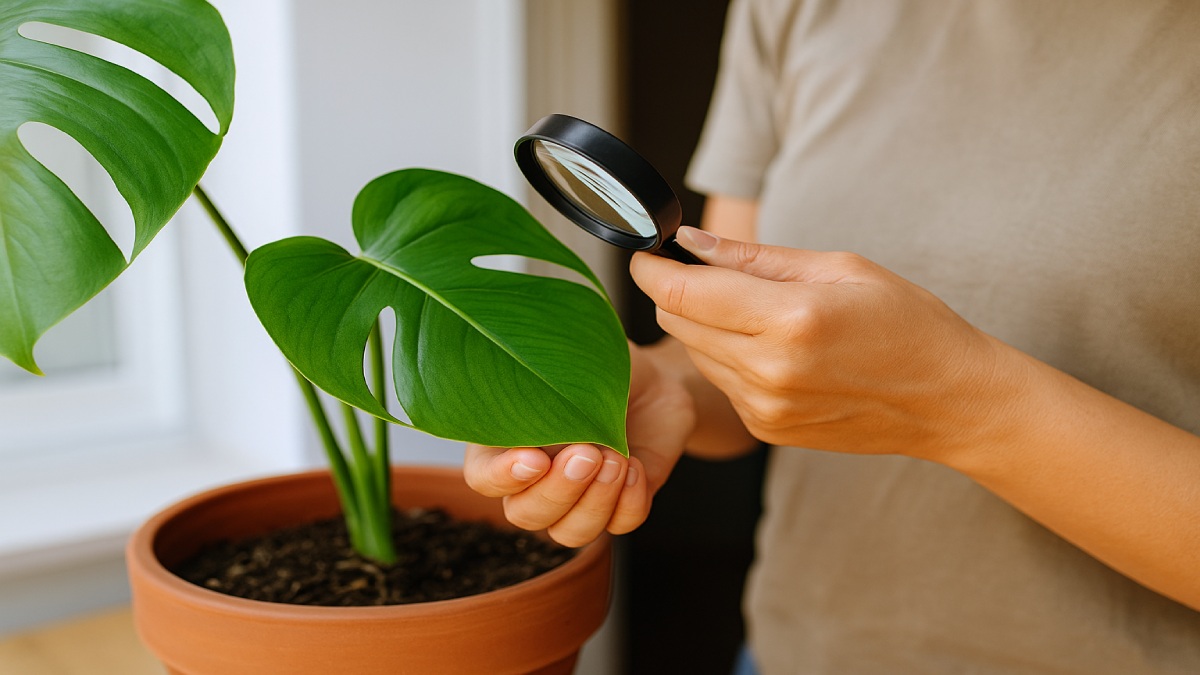 Houseplant inspection before moving indoors, highlighting leaf undersides and soil surface