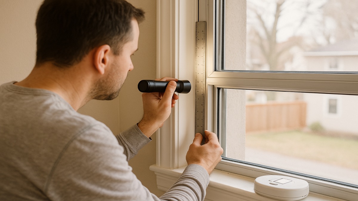 Homeowner inspecting storm-bent window frame and sash alignment with straightedge and flashlight.