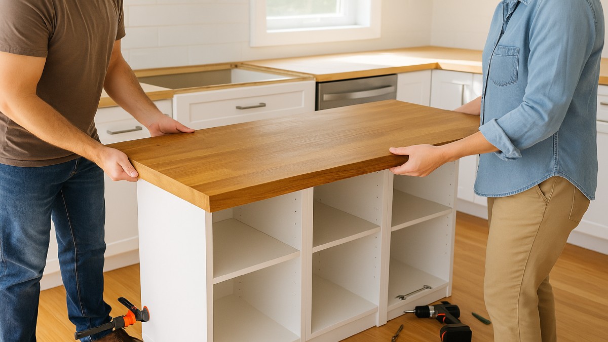 Bar stools under a wooden kitchen island counter with warm pendant lighting