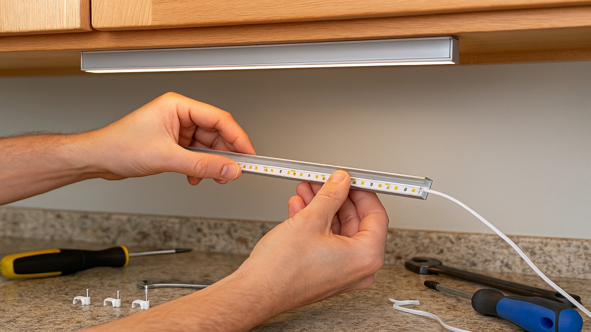 Close-up photo of LED strip seated in an aluminum channel with frosted lens being mounted under a kitchen cabinet