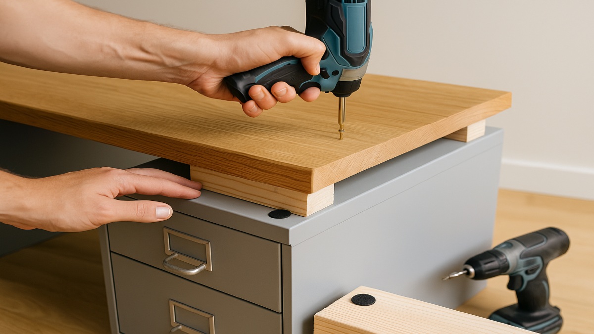 Close view of a wooden desktop resting on rubber pads and wood cleats above two file cabinets