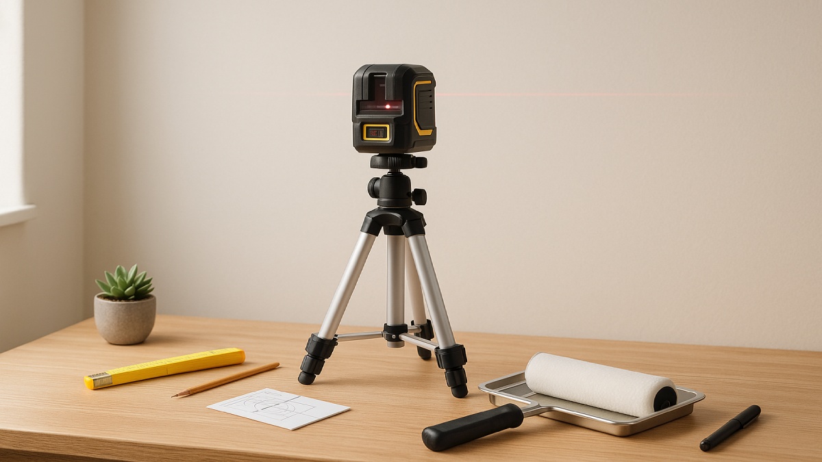 Laser level on tripod in workshop ready for calibration test