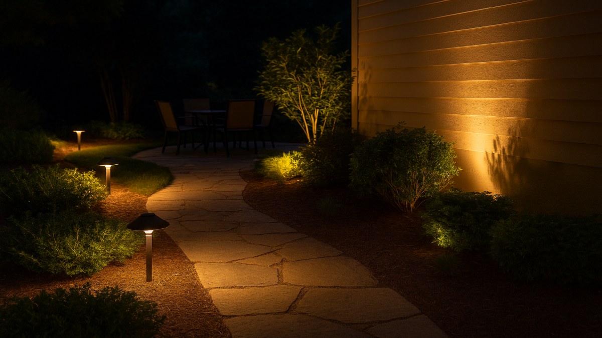 Warm path lights and low uplights layered around a small patio for evening use