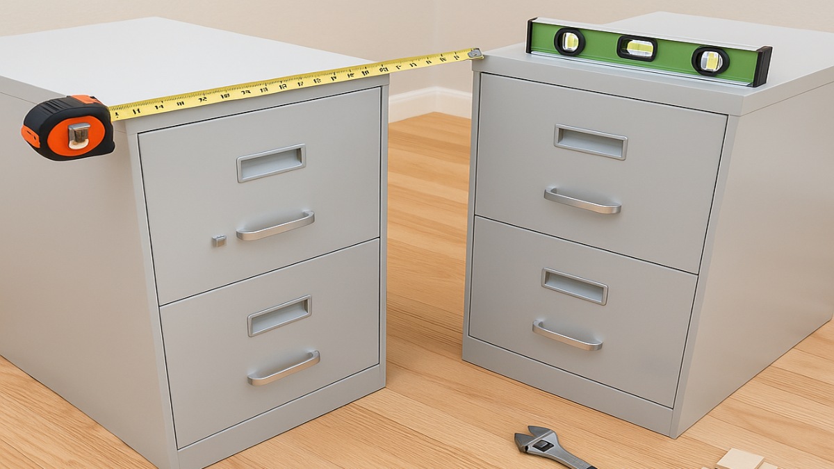 Two file cabinets leveled and spaced with a tape measure, ready for a desktop to be installed