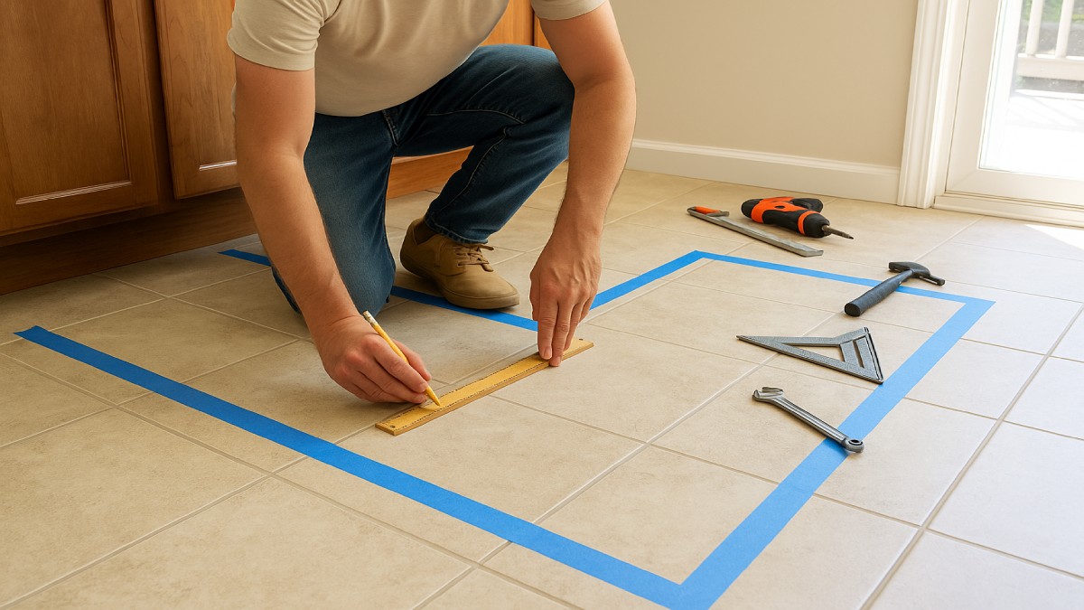 Homeowner measuring kitchen floor space for island layout using tape and level