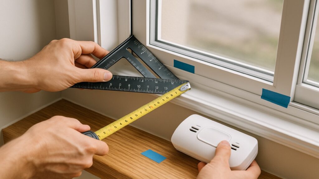 Close view of measuring diagonals and reveals to diagnose a racked window frame.