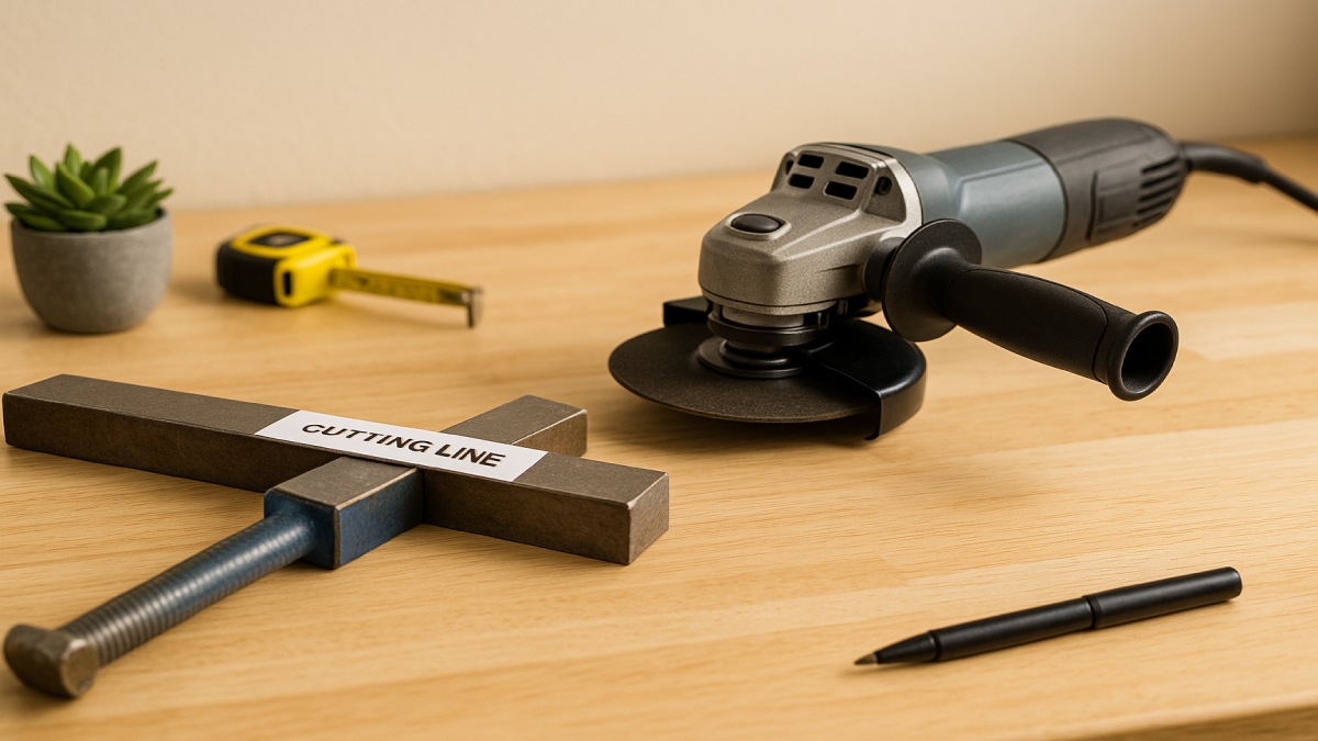 Angle grinder positioned next to a clamped metal bar ready for cutting.