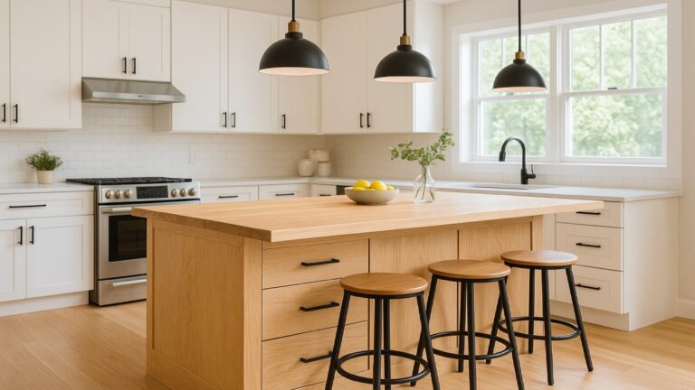 Modern kitchen island with storage drawers and bar stools under a quartz countertop