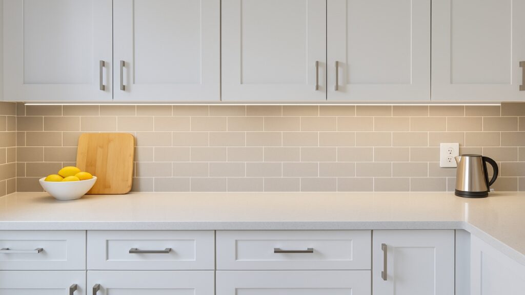 Modern kitchen counter brightly lit by hidden LED strips mounted under cabinets, showing even light across the backsplash and work surface