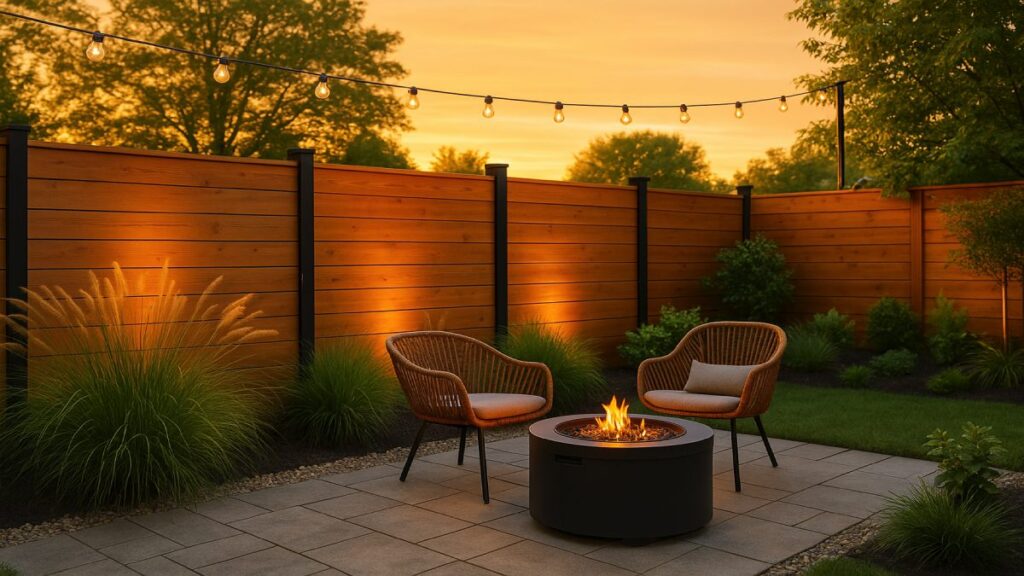 Evening backyard with horizontal wood privacy fence, layered plantings, and a modern gate with house-number plaque