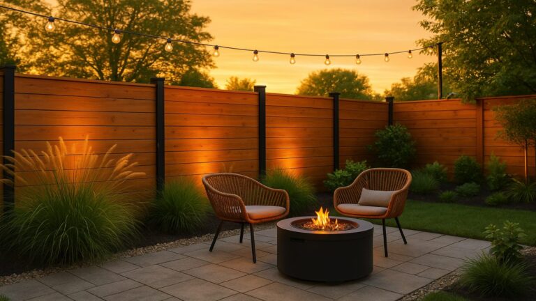 Evening backyard with horizontal wood privacy fence, layered plantings, and a modern gate with house-number plaque