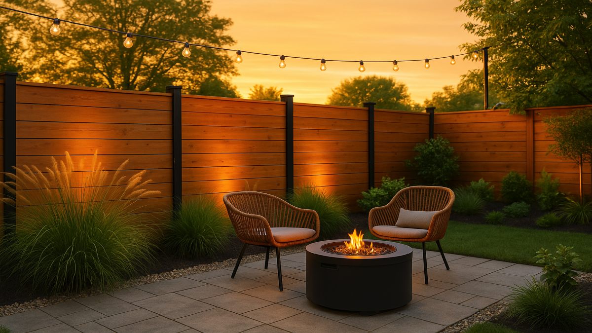 Evening backyard with horizontal wood privacy fence, layered plantings, and a modern gate with house-number plaque