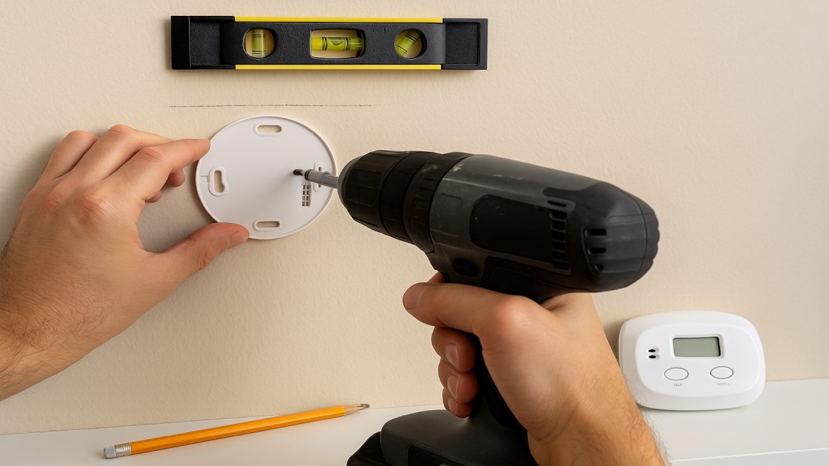 Hands mounting a carbon monoxide alarm plate with a drill and level.