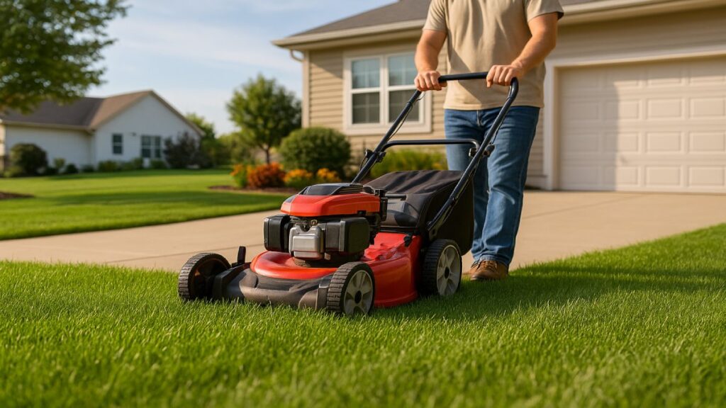 Freshly maintained suburban lawn with a walk-behind mower set to the correct cutting height under bright daylight