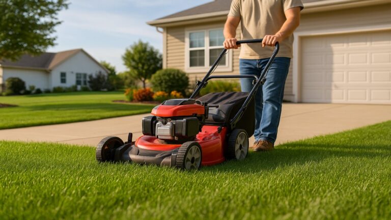 Freshly maintained suburban lawn with a walk-behind mower set to the correct cutting height under bright daylight