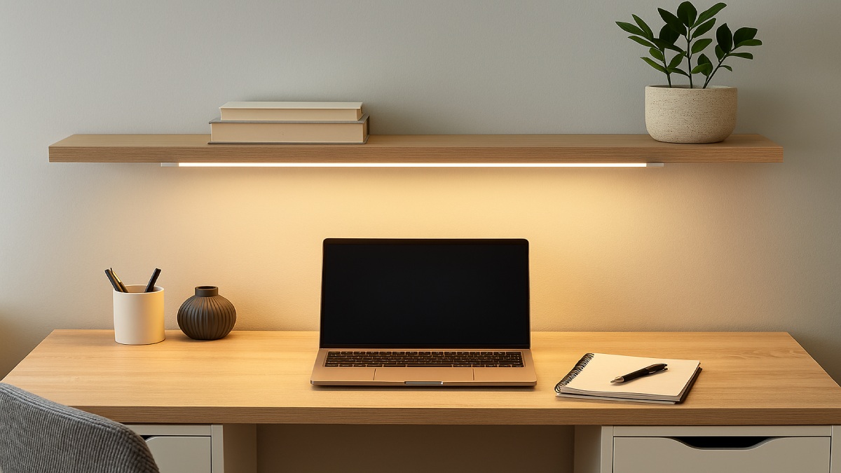 Home office shelf with a thin edge-lit bar casting soft, uniform light on a laptop and notebook