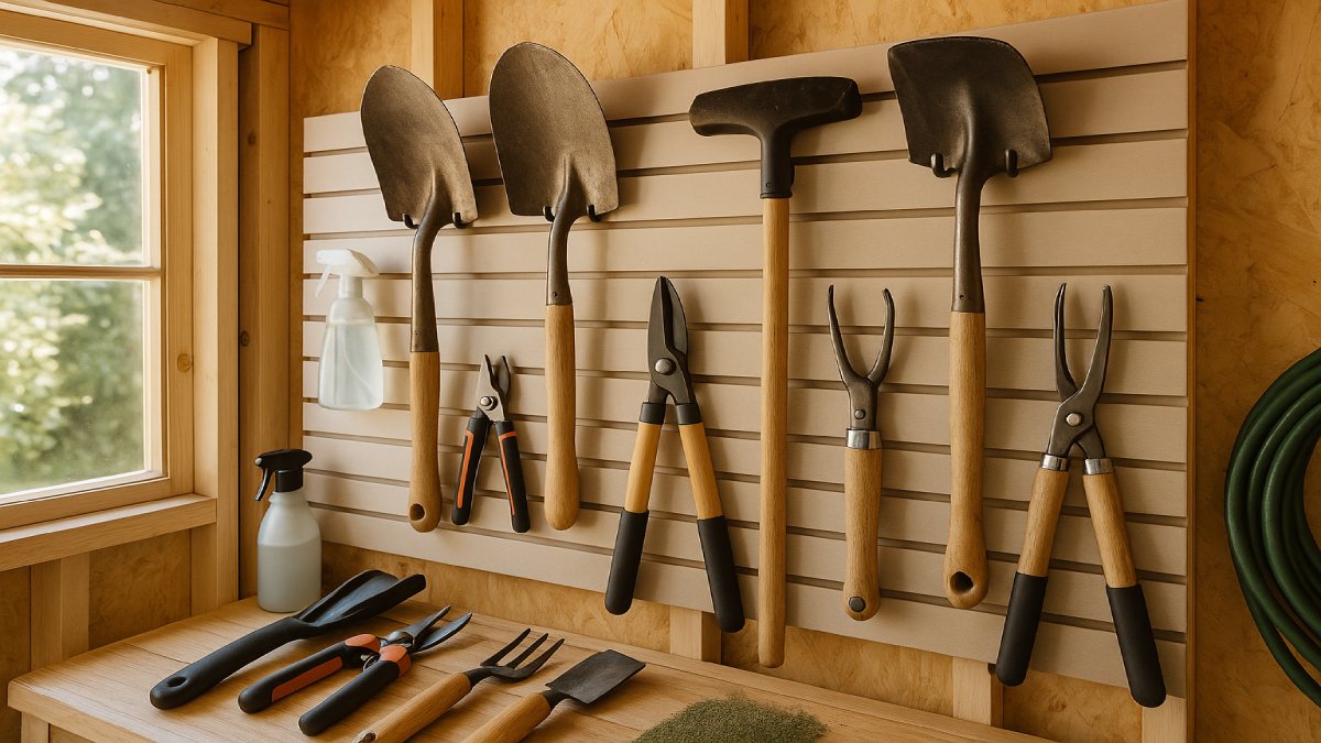 Neatly organized garden tool wall with pruners, trowels, and long-handled tools stored off the floor for airflow.