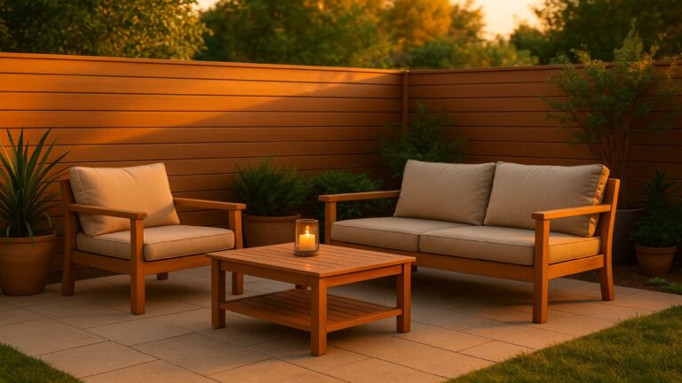 Painted outdoor furniture and wood fence glowing in sunset light.