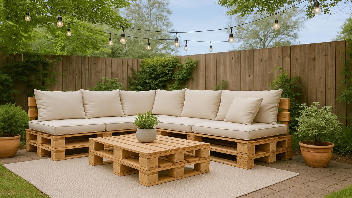 Outdoor pallet sectional with quick-dry cushions and weather-resistant fabric in a shaded garden corner
