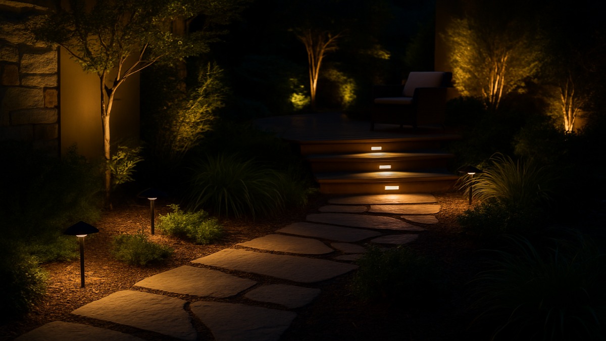 Warm path and step lights guiding across a patio with subtle uplighting on plants for depth.