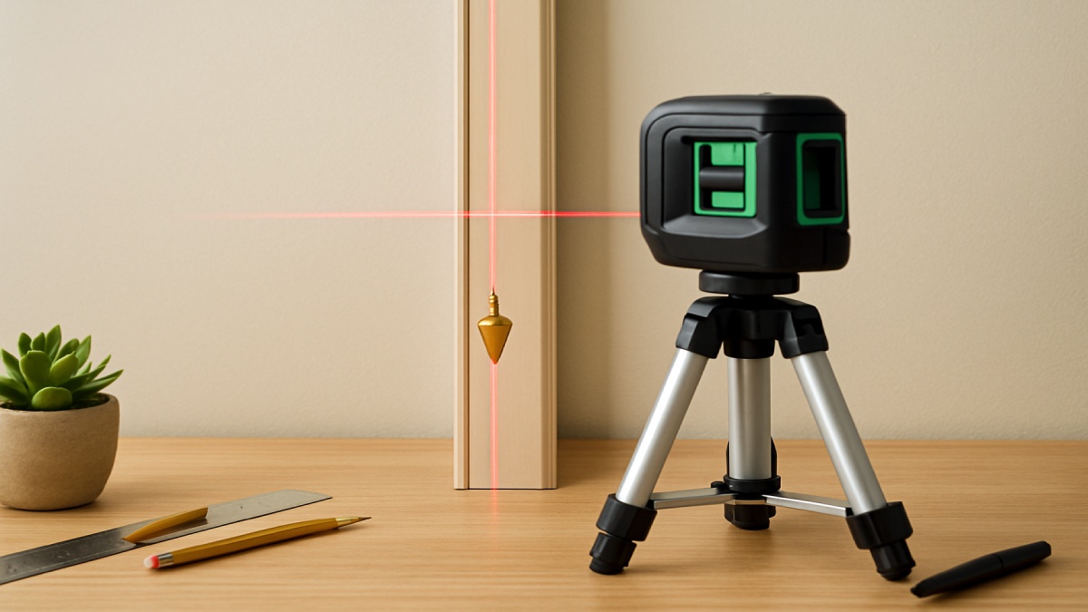 Technician using a plumb bob and tripod to test plumb laser accuracy