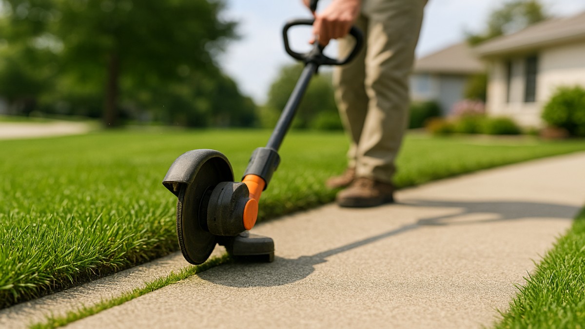 Close shot of precise lawn edging along a concrete path with neatly trimmed turf and clean definition