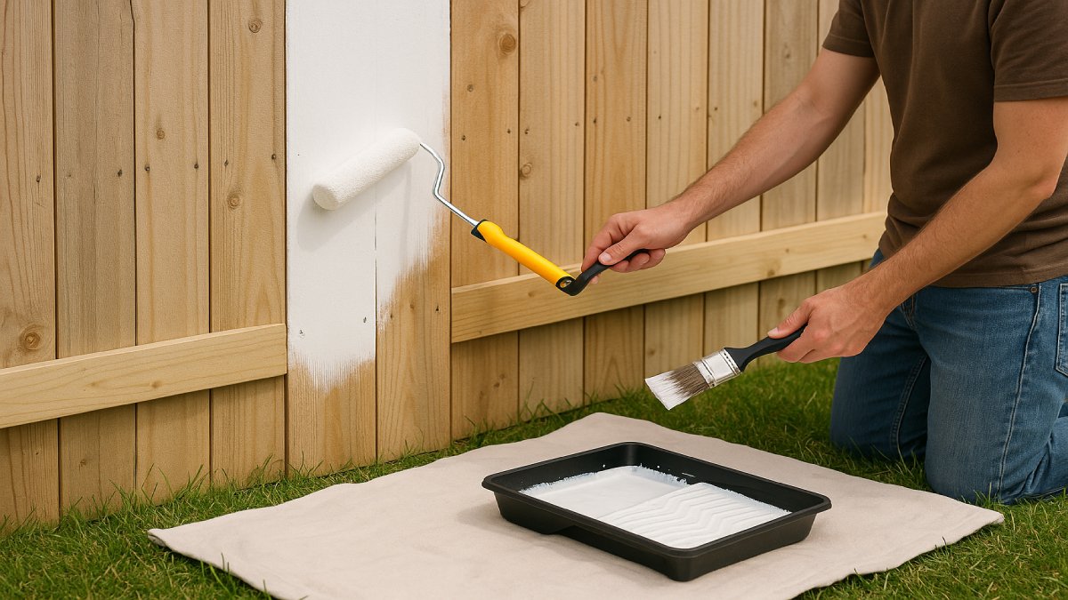Hands priming a prepared exterior fence board before applying topcoat