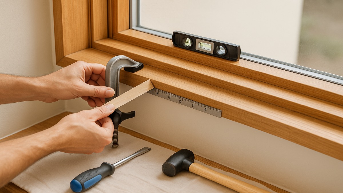 Hands using shims and a soft-jaw clamp to re-square a storm-bent window frame.