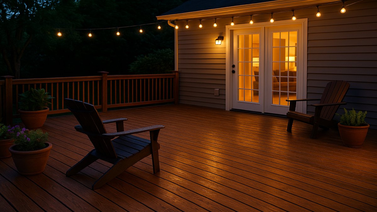 Cozy deck at sunset with sealed boards, planters, and clean railings