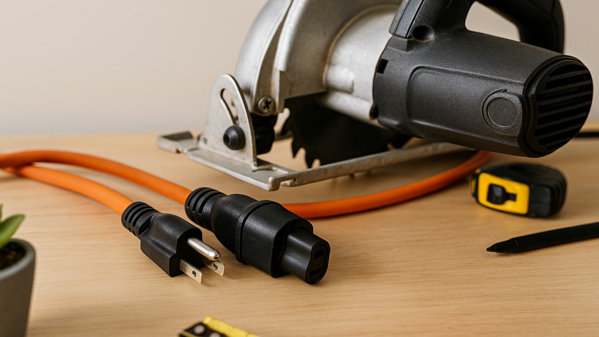 Power tool safely connected to a heavy-duty extension cord.